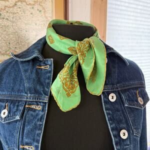 Vintage Echo Silk Neckerchief - Mint Green & Gold Baroque Foulard - Small Square